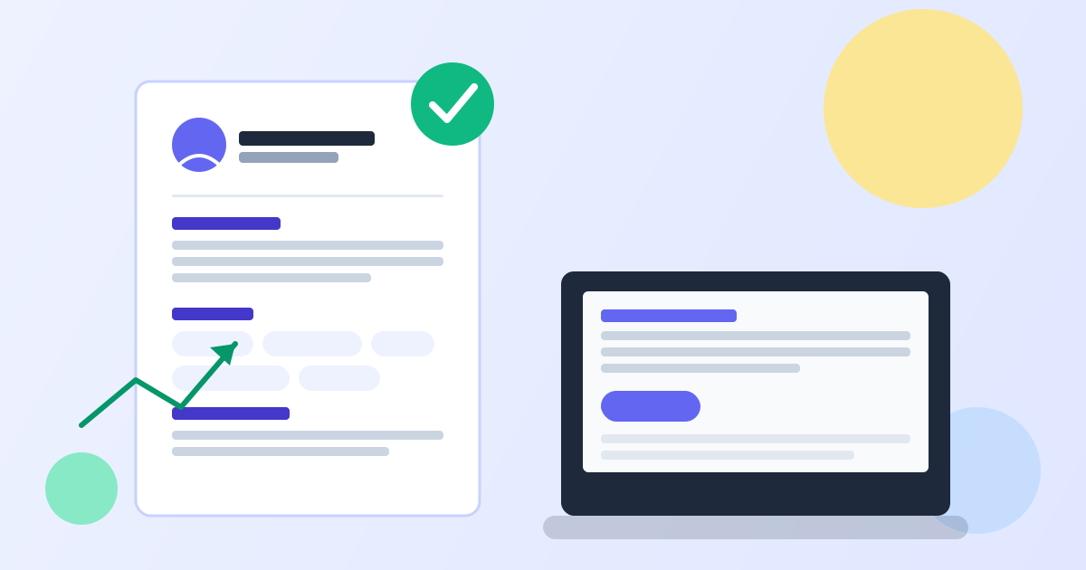 Illustration of a resume passing ATS review next to a laptop showing a resume builder tool