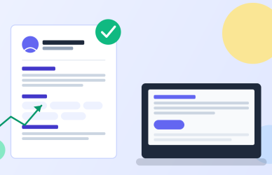 Illustration of a resume passing ATS review next to a laptop showing a resume builder tool