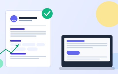 Illustration of a resume passing ATS review next to a laptop showing a resume builder tool